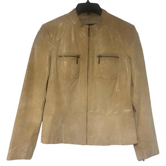 Alfani Embossed Leather Zip Up Long Sleeve Jacket Tan/Zippered Pockets M - Picture 2 of 15